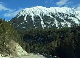 A snow-capped mountain peak seen from a highway, with evergreen trees in the foreground.