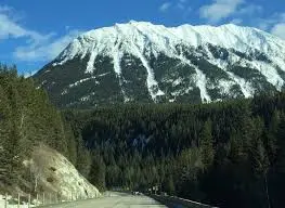A snow-capped mountain peak seen from a highway, with evergreen trees in the foreground.