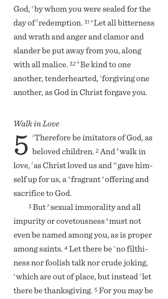 A printed Bible page showing Ephesians 4:31 through the start of chapter 5, "Walk in Love."