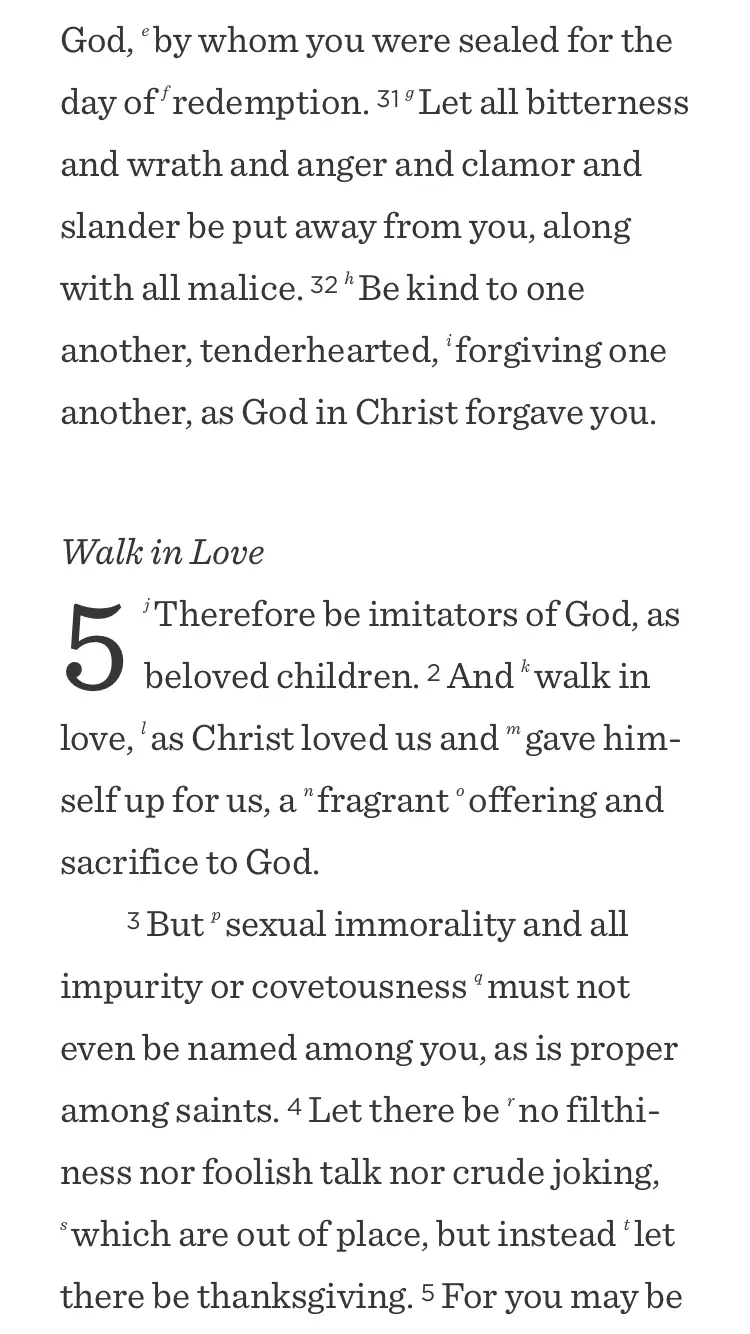 A printed Bible page showing Ephesians 4:31 through the start of chapter 5, "Walk in Love."
