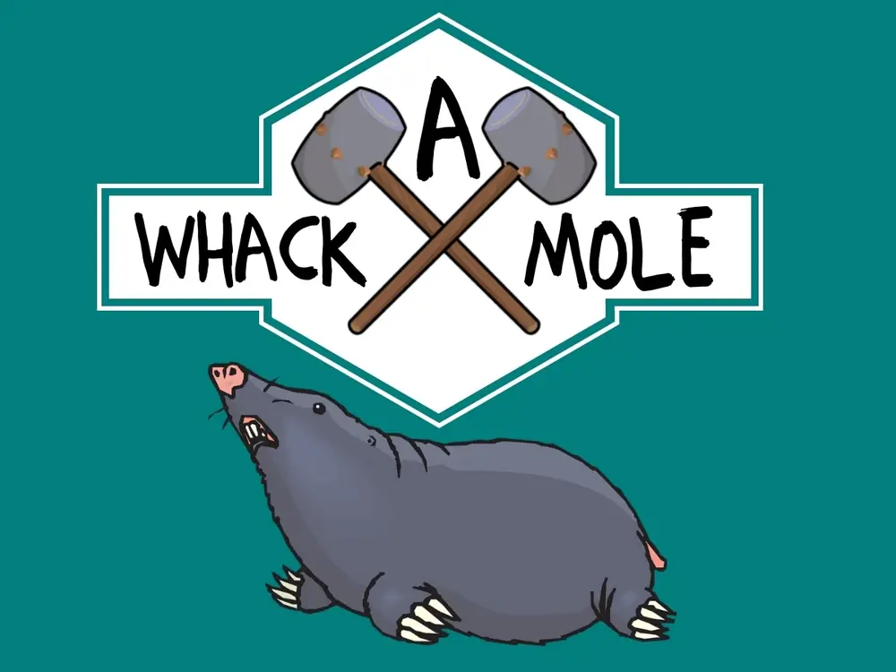 Illustration of a "Whack A Mole" logo with crossed mallets above a cartoon mole.