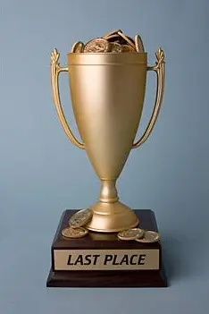 A gold trophy cup filled with coins, engraved "LAST PLACE" on its base.